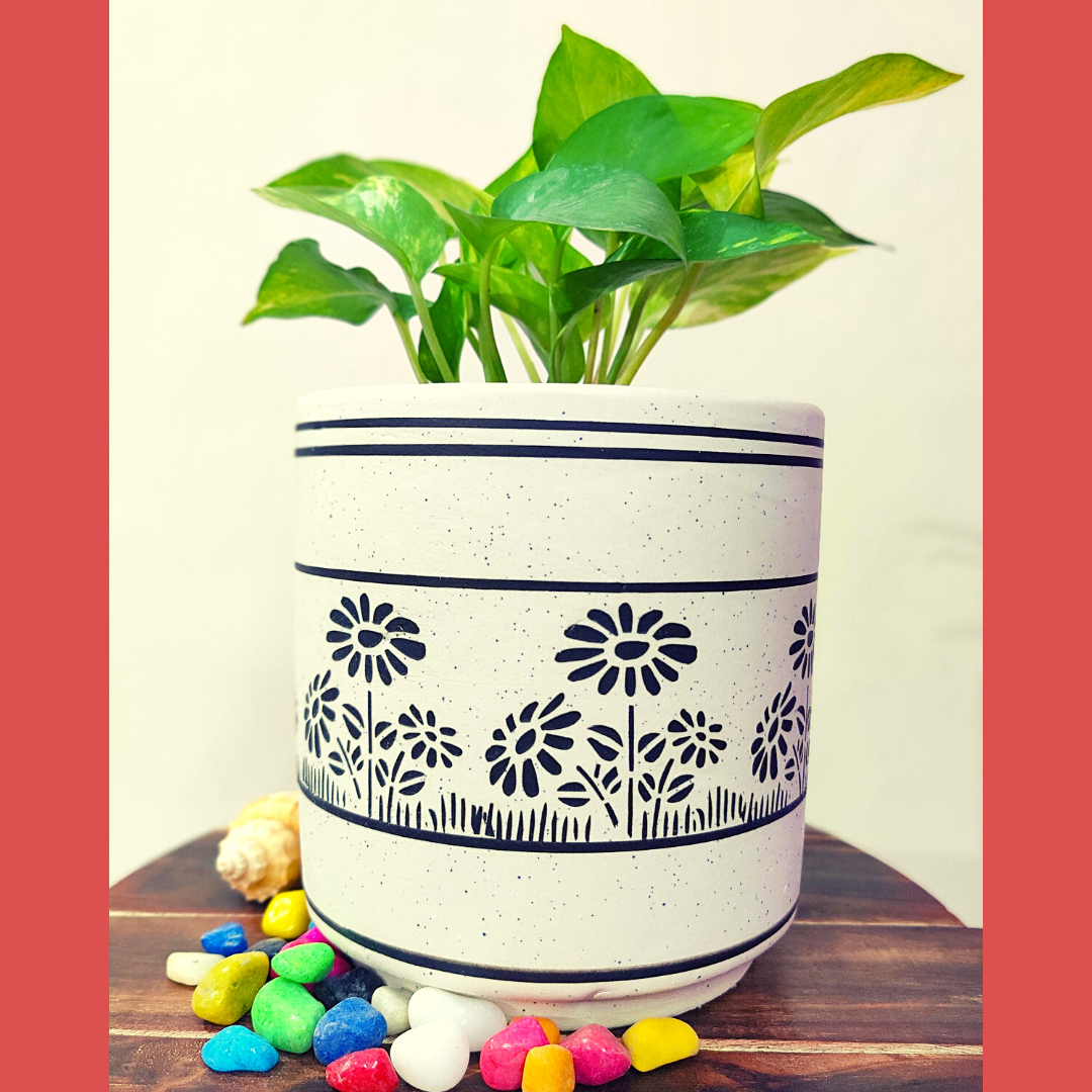 Homefrills Medium Matte Finish White Ceramic planter Pot with Flower Design for Indoor & Outdoor Home, Garden, Office Decor, Balcony Planters Pot Gamla Size- 16*15 cm Colour- White